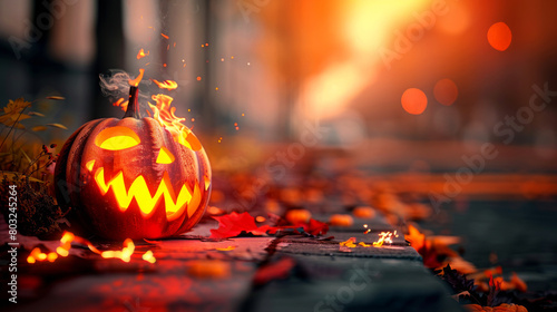 Burning Halloween pumpkin on suburban street, evoking themes of spooky autumn celebrations photo