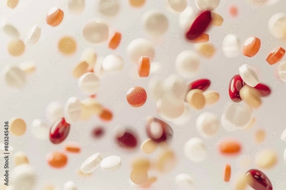 Various pills cascading down on a clean white surface Various pills cascading down on a clean white surface