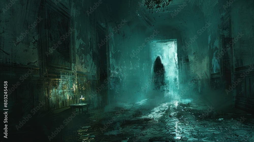 A Ghostly Figure Emerges from Shadows in a Dimly Lit Room Evoking Classic Supernatural Horror