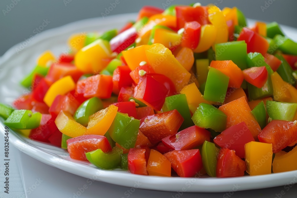 A vibrant mix of diced bell peppers on a white plate A vibrant mix of diced bell peppers on a white plate