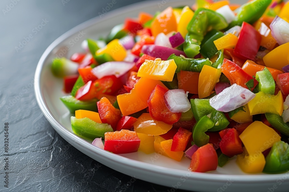 A vibrant mix of diced bell peppers on a white plate.