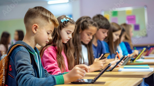 Group of school children focused on smartphones during a class, showcasing digital learning