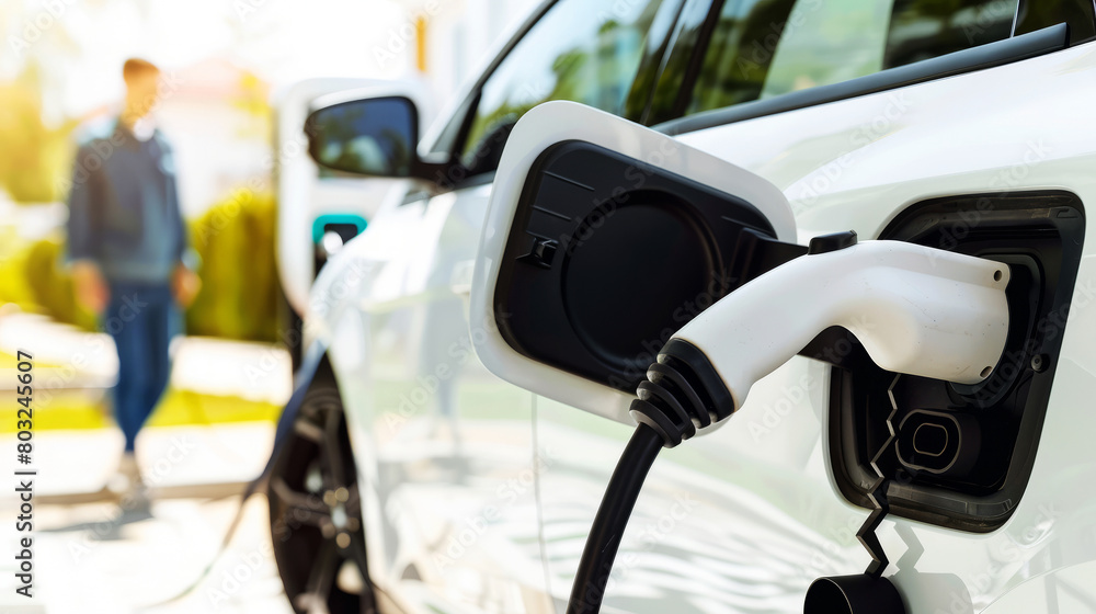 Electric car charging at a modern eco-friendly station, reflecting sustainable urban transport solutions