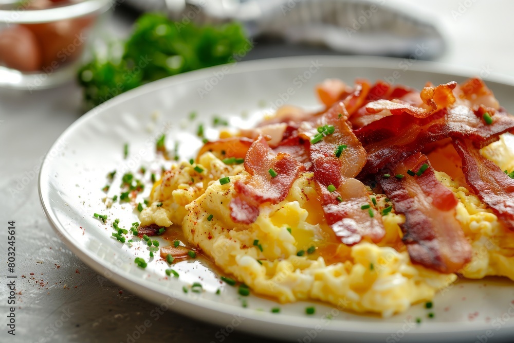 Scrambled eggs with crispy bacon on a white plate Scrambled eggs with crispy bacon on a white plate