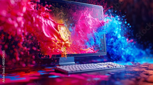 The vibrant computer keyboard adorned with colorful paint and an artistic brush tip perfectly complements the vivid display of colors on the monitor, Generated by AI photo