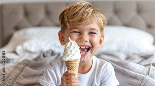 Happy boy enjoying ice cream on sunny summer day - fun concept for kids in warm weather
