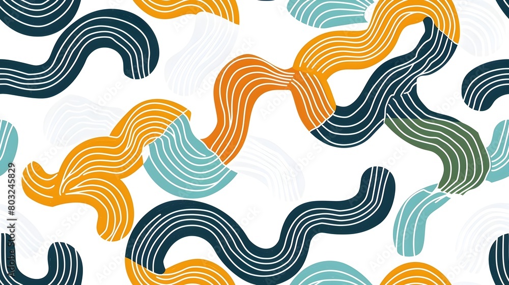 Seamless abstract pattern with minimalist curving lines and flowing organic shapes in bold colors