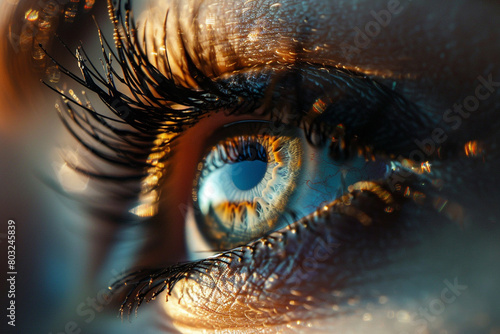 A macro capture of an eye with glamorous false lashes, adding depth and intensity to its expression.