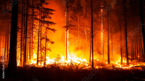 Severe wildfire engulfing a dense forest at night, catastrophic environmental event