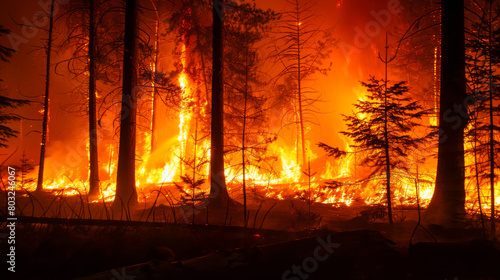 Severe wildfire engulfing a dense forest at night  catastrophic environmental event