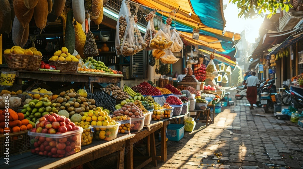 Colorful street market stall with a variety of exotic fruits and spices under morning sunlight