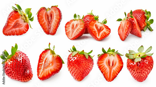 Assorted fresh strawberries with vibrant colors and details, showcasing whole and sliced pieces with natural green leaves and textures