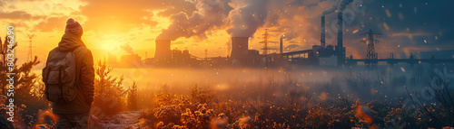 A lone wanderer stands in a field of grass, looking out at a distant factory. The sun is setting, and the sky is ablaze with color. The factory is belching smoke into the air, and the wanderer is silh photo