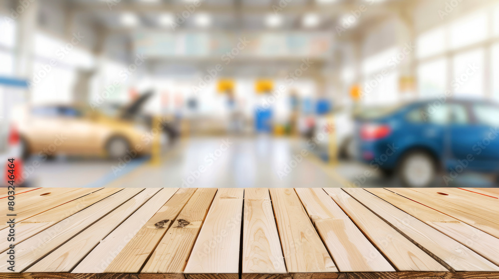 Empty wood table with blurred automotive workshop in background, industry concept Empty wood table with blurred automotive workshop in background, industry concept