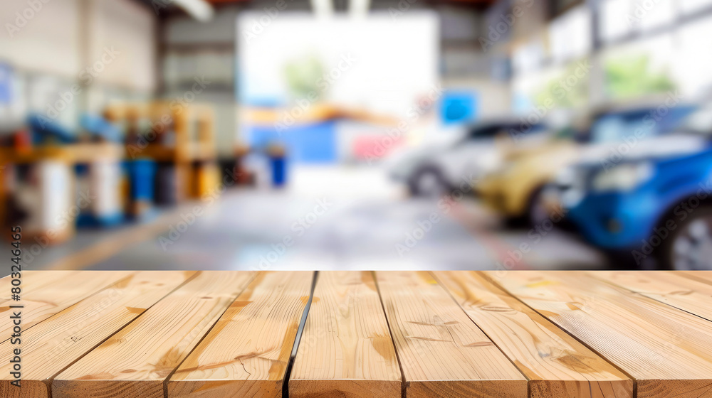 Empty wood table with blurred automotive workshop in background, industry concept Empty wood table with blurred automotive workshop in background, industry concept
