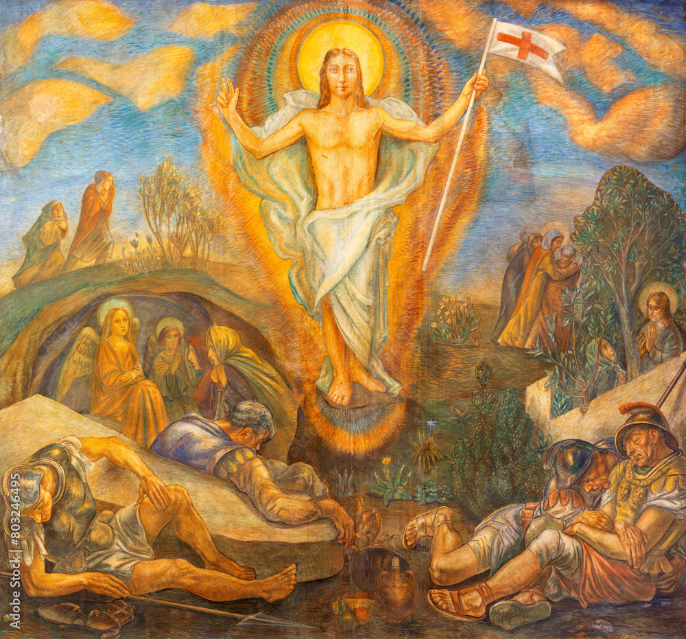 MILAN, ITALY - MARCH 7, 2024: The fresco of Resurrection of Jesus in the church Chiesa di Santa Maria del Suffragio by Aldo Carpi de Resmini (1946).