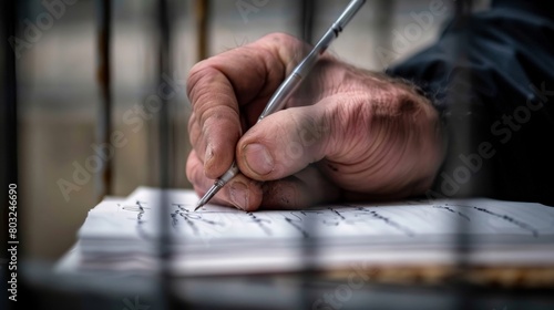 A close-up of a prisoner's hands writing a letter, expressing thoughts and maintaining connections outside prison walls