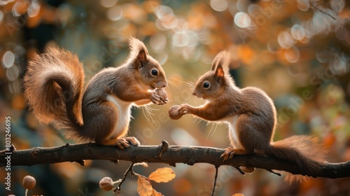 cute squirrels sharing a nut on a branch with blur background © Marco