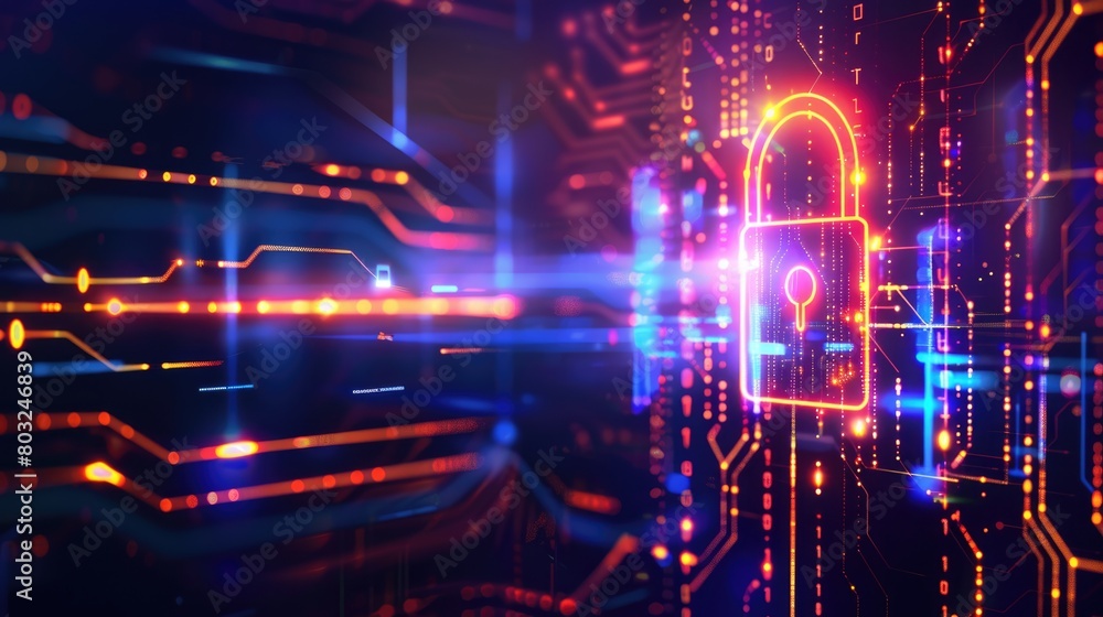 A vibrant scene with a digital padlock emitting pulses of light, set against a dynamic dark blue background with flowing circuit patterns, symbolizing active cybersecurity measures. A vibrant scene with a digital padlock emitting pulses of light, set against a dynamic dark blue background with flowing circuit patterns, symbolizing active cybersecurity measures.