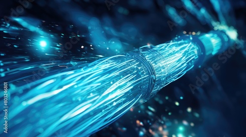 A striking image of a broken submarine fiber optic cable under deep blue waters, with data leaking out as vibrant light streams in teal and blue tones, photo