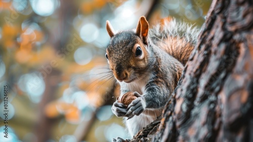 cute squirrel on a tree branch eating a nut with blurred daytime background in high resolution and high quality