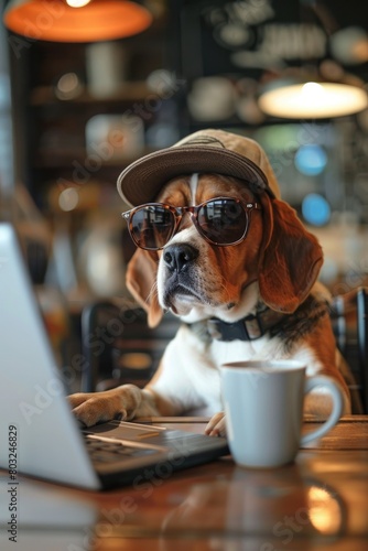 A Beagle in 3D with stylish glasses and a baseball cap, focused on a laptop screen, coffee mug on the table, © Pungu x