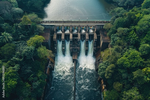 Aerial view of a cascading hydroelectric dam, water flowing powerfully between gates, surrounded by lush forests, photo
