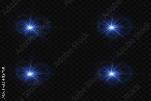 Shining stars, with lens and flare effects. A flash of light and an explosion. On a transparent background. Vector EPS10