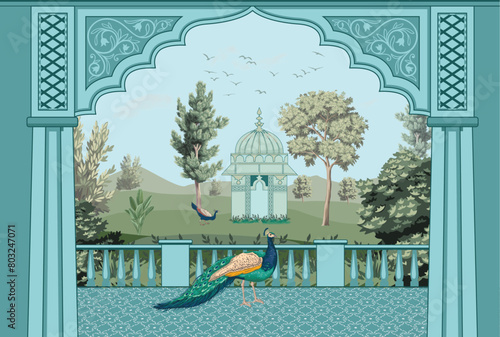 
Mughal garden, peacock, arch, bird illustration for wallpaper. Botanical tree landscape illustration.