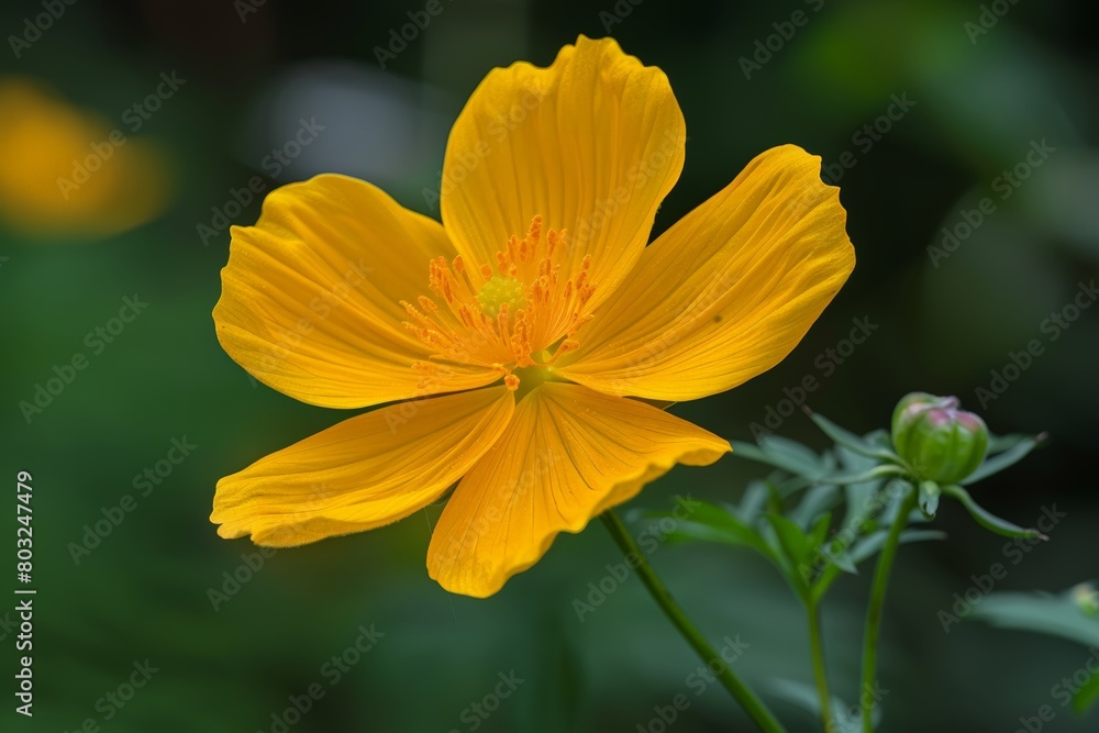A detailed view of a bright yellow flower with soft petals, set against a blurred background of green leaves and other blooms A detailed view of a bright yellow flower with soft petals, set against a blurred background of green leaves and other blooms