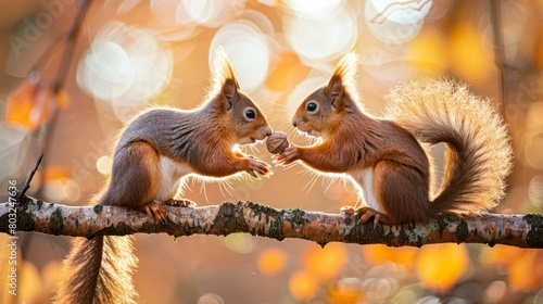 cute squirrels sharing a nut on a branch with blurred background in high definition and high quality hd