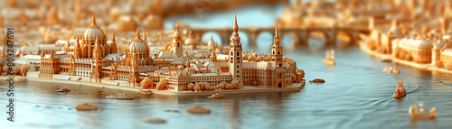 A miniature model of a city with boats in the river.