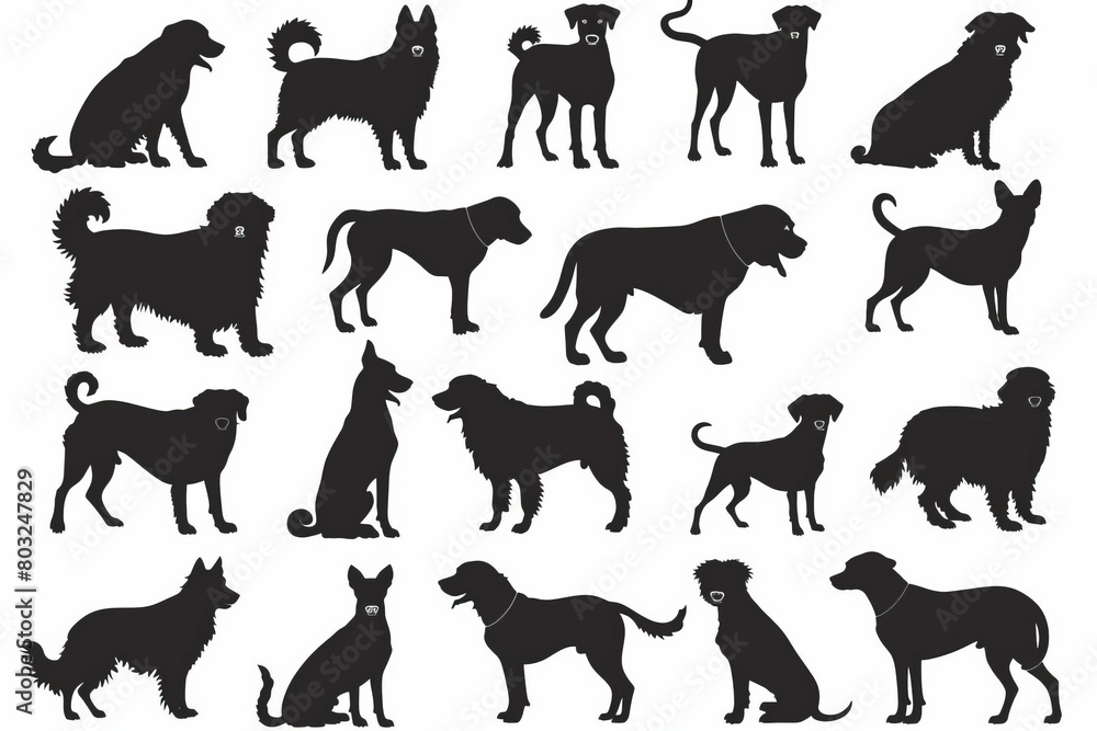 silhouettes of various dog breeds isolated on white background canine diversity concept