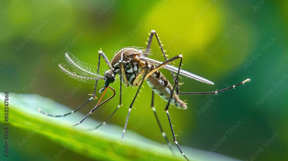 Close-up of a mosquito resting on a green leaf Close-up of a mosquito resting on a green leaf