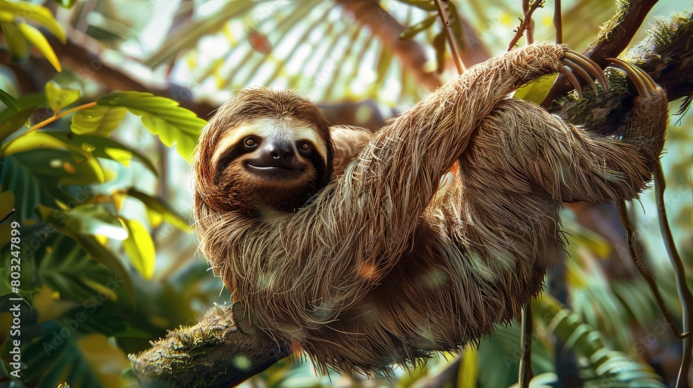 Naklejka premium Smiling sloth hanging from a lush green branch