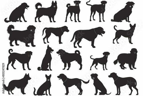 silhouettes of various dog breeds isolated on white background canine diversity concept © Lucija