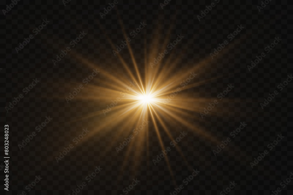 Flash light effect with special lens. The flash flashes rays and light. On a transparent background.