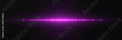 Purple flash of light. A horizontal line with a glare and a bright explosion. On a transparent background.