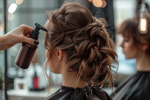 skilled hairdresser applying hair mousse spray closeup of stylists hand in action at salon