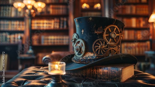 Steampunk-inspired vintage top hat with gears in a classic library setting