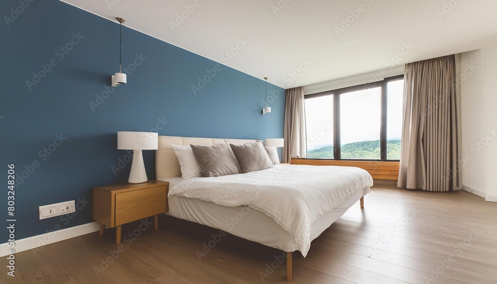 Fototapeta premium Simple modern bedroom interior ideas, blue wall, cozy bed, minimalistic design