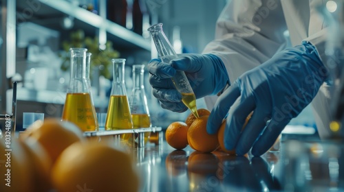 Scientist check chemical food residues in laboratory. Control experts inspect quality of fruits, vegetables. lab, hazards, ROHs, find prohibited substances, contaminate, Microscope, generate by AI photo
