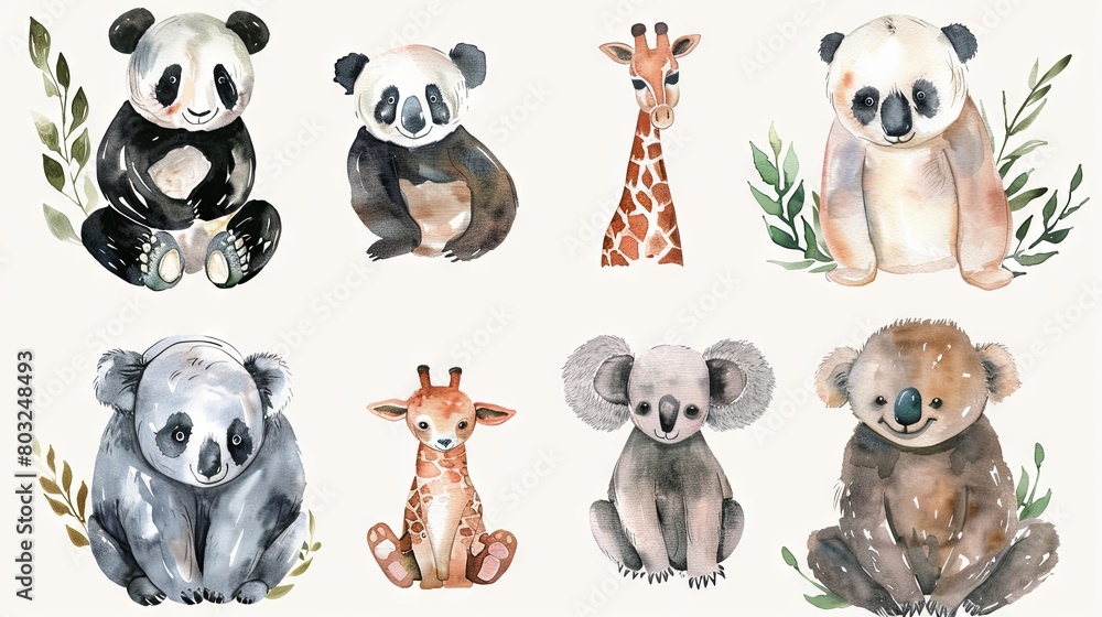 Obraz premium Adorable watercolor collection of baby animals in natural poses