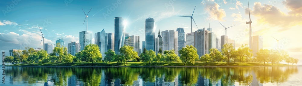 A vibrant green city with wind turbines and solar panels, showcasing renewable energy as a solution