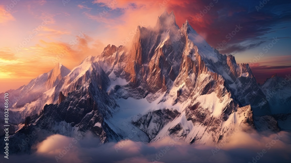 Enchanting sunset over majestic snow-capped mountain peaks