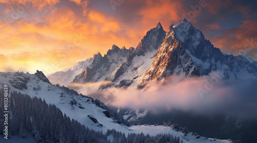 Majestic mountain sunrise with fiery sky and floating clouds