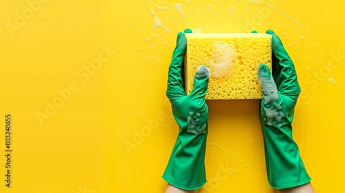 Pair of hands in green gloves vigorously scrubbing a wet, sudsy sponge against a bright yellow background, symbolizing cleanliness, hygiene, and the fresh start of a spring cleaning spree photo