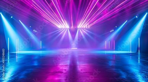 Vibrant concert hall with purple and blue stage lights and haze