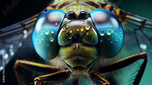 Take an extreme close up photograph of the compound eyes of a dragonfly. The eyes should be in focus and have water droplets on the surface. © Ps_Studio21