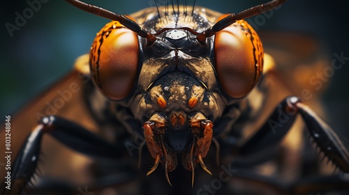 Detailed macro shot of a cicada's face, providing a hyperreal view of its sophisticated eye arrangement and subtle mouthparts, capturing the essence and exquisite detail in extreme